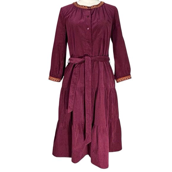 Johnny Was Jade Corduroy Dress Kappa Midi Ruffle XS Maroon Whimsigoth Cowgirl - Picture 2 of 12